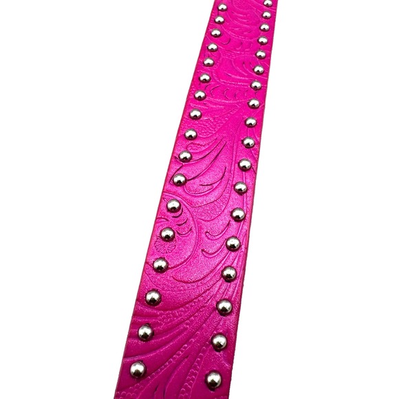 Tooled Studded Leather Western Belt Women's 38 Pink Floral Yellowstone Cowgirl - Picture 9 of 13